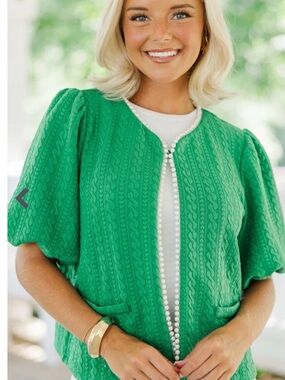 VOY Green Cable Texture Pearl Trim Puff Sleeve Cardigan Chanel-esque - Size M